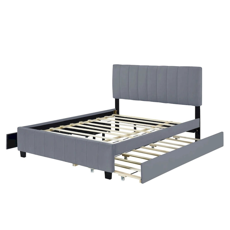 Lit plate-forme capitonné en velours Queen Size avec 2 tiroirs et 1 lit gigogne Twin XL