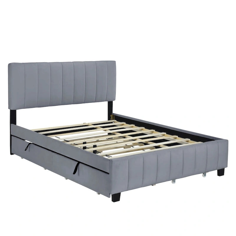 Lit plate-forme capitonné en velours Queen Size avec 2 tiroirs et 1 lit gigogne Twin XL