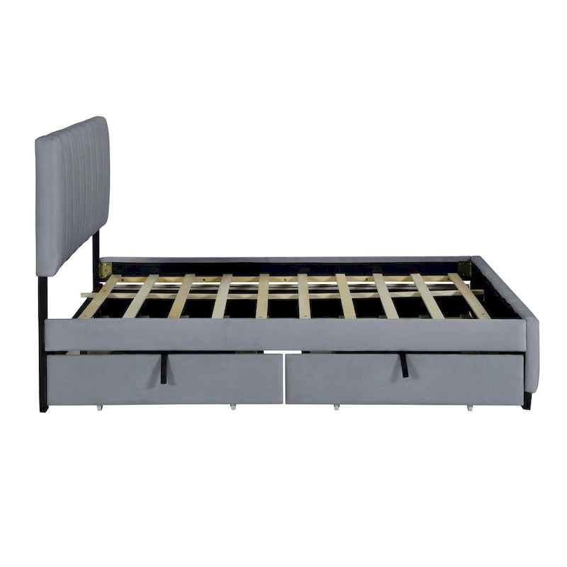 Lit plate-forme capitonné en velours Queen Size avec 2 tiroirs et 1 lit gigogne Twin XL