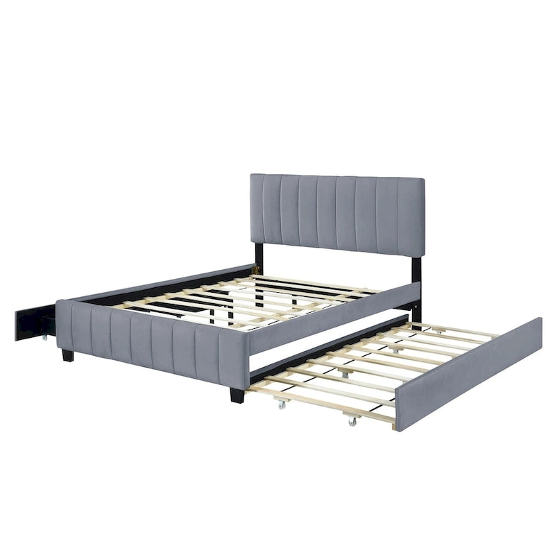 Lit plate-forme capitonné en velours Queen Size avec 2 tiroirs et 1 lit gigogne Twin XL