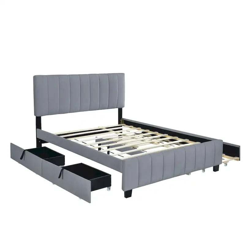 Lit plate-forme capitonné en velours Queen Size avec 2 tiroirs et 1 lit gigogne Twin XL