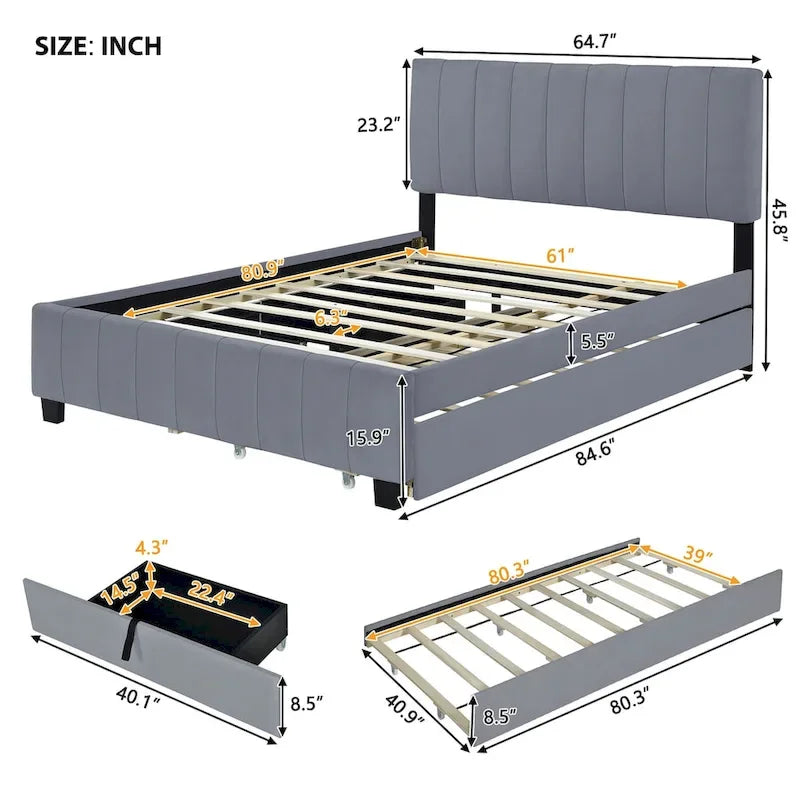 Lit plate-forme capitonné en velours Queen Size avec 2 tiroirs et 1 lit gigogne Twin XL