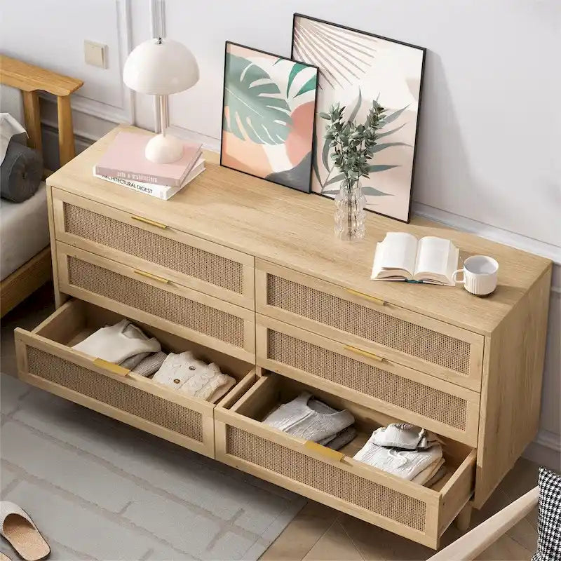 Armoire de rangement en rotin 59" avec 6 tiroirs et pieds en bois