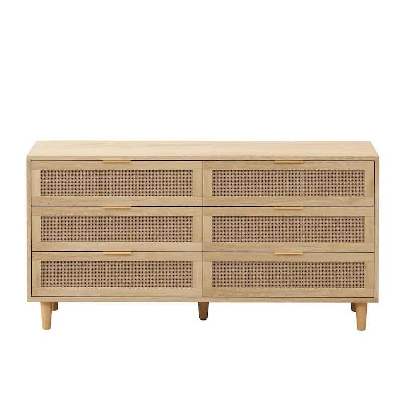 Armoire de rangement en rotin 59" avec 6 tiroirs et pieds en bois