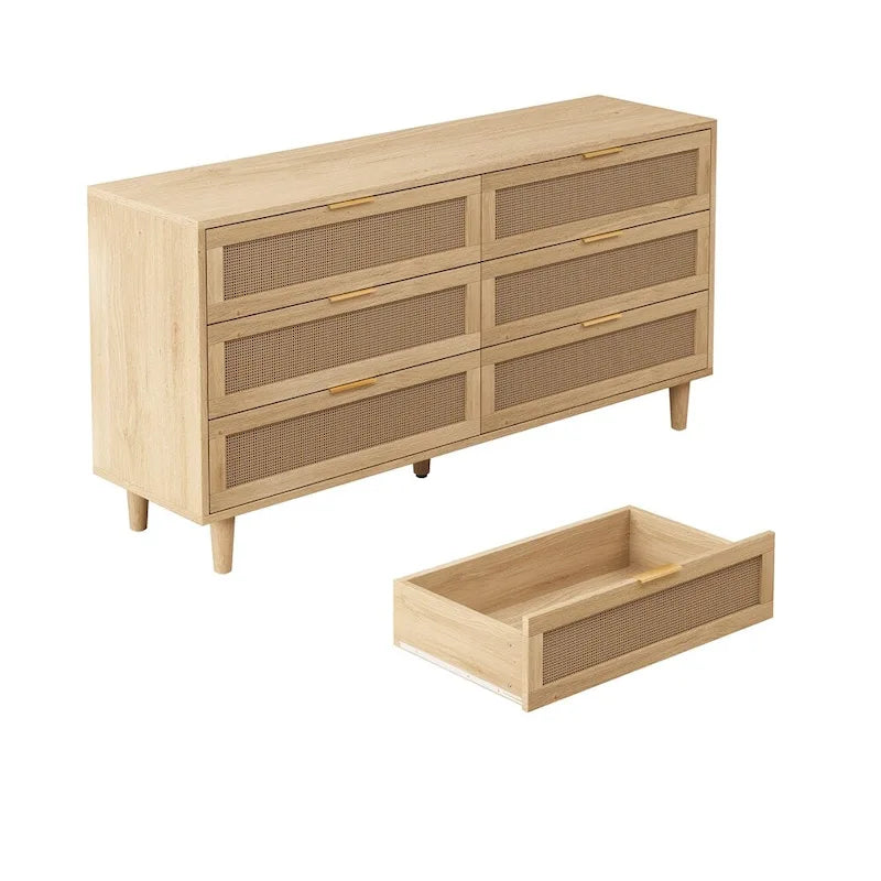Armoire de rangement en rotin 59" avec 6 tiroirs et pieds en bois