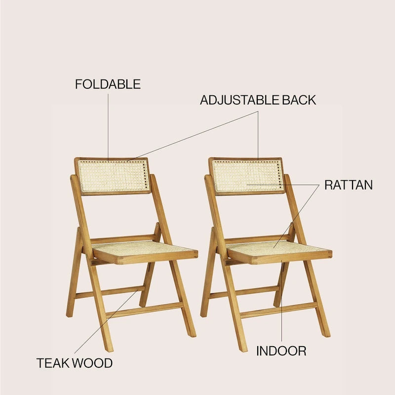 Mid-Century Vintage Wood Rattan Folding Chair with Adjustable Back, (Set of 2) by