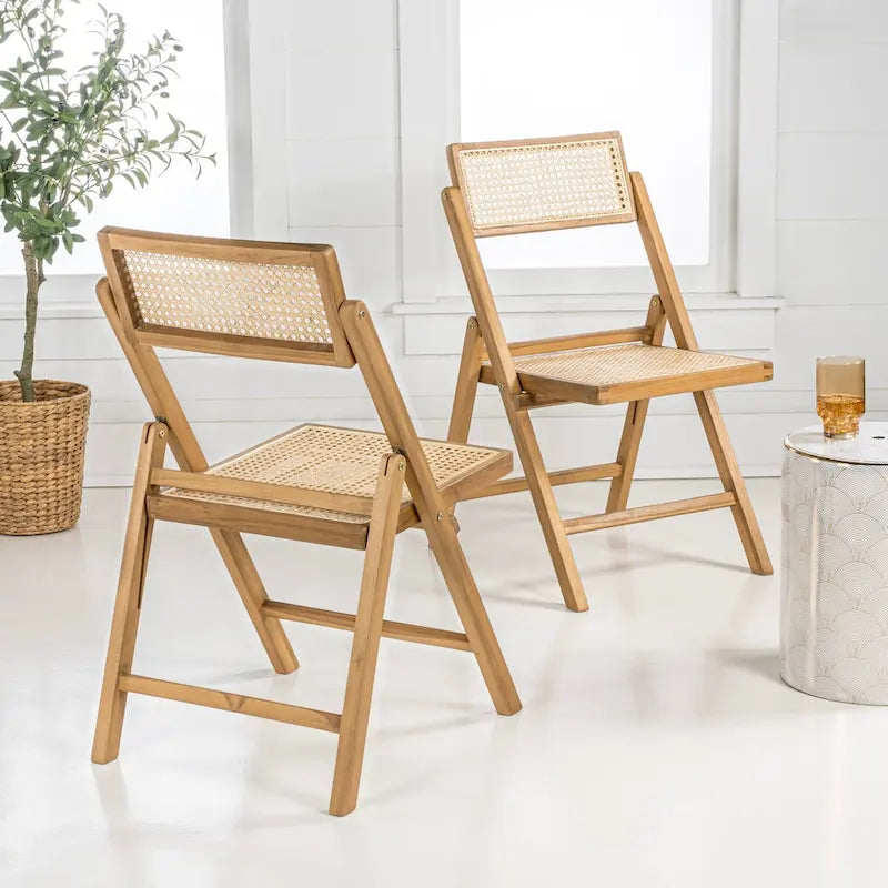 Mid-Century Vintage Wood Rattan Folding Chair with Adjustable Back, (Set of 2) by