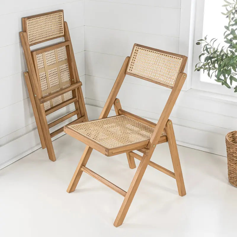 Mid-Century Vintage Wood Rattan Folding Chair with Adjustable Back, (Set of 2) by