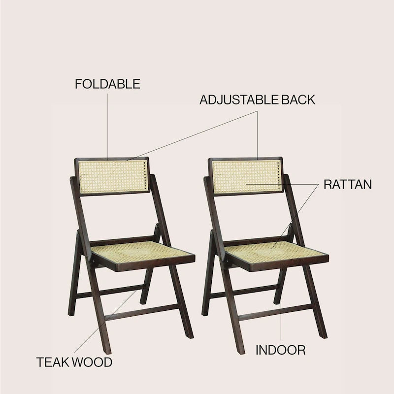 Mid-Century Vintage Wood Rattan Folding Chair with Adjustable Back, (Set of 2) by