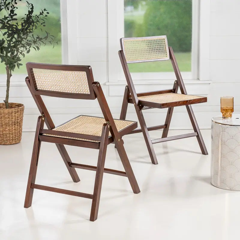 Mid-Century Vintage Wood Rattan Folding Chair with Adjustable Back, (Set of 2) by