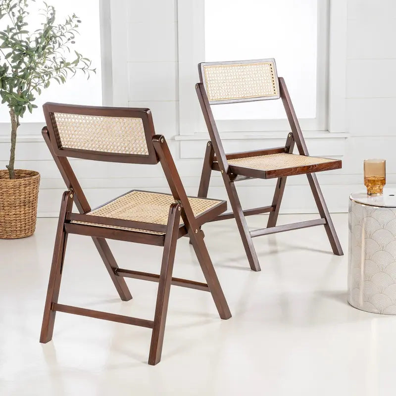 Mid-Century Vintage Wood Rattan Folding Chair with Adjustable Back, (Set of 2) by
