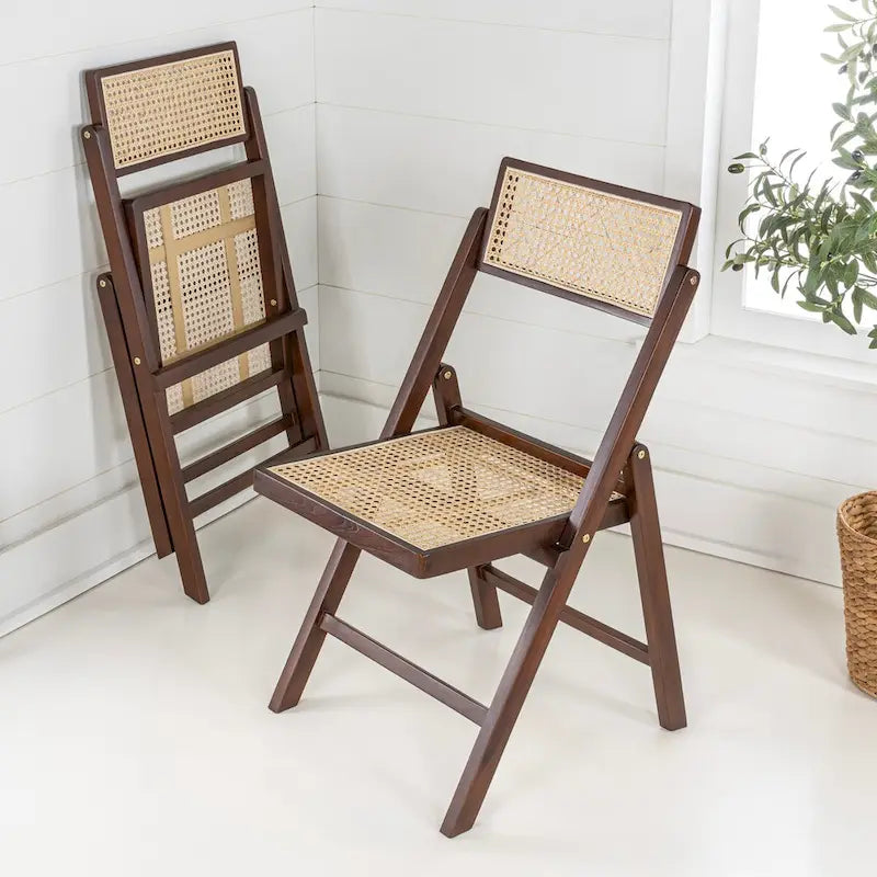 Mid-Century Vintage Wood Rattan Folding Chair with Adjustable Back, (Set of 2) by
