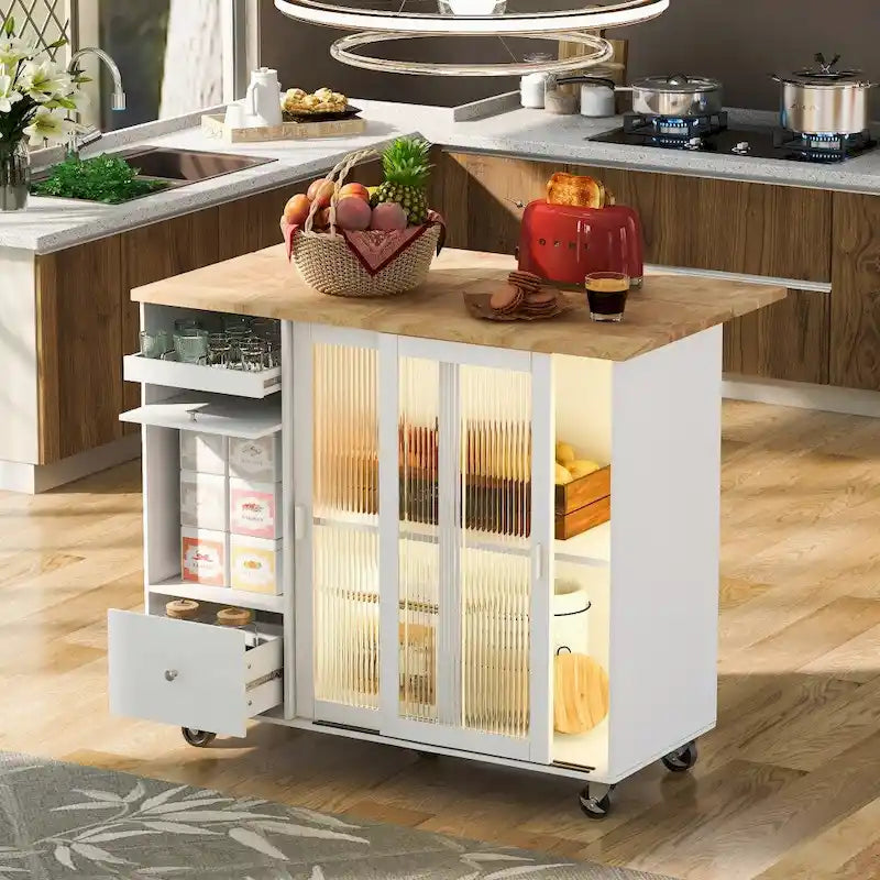 LED Wood 44.03 in. Kitchen Island with Flip Doors Sliding Glass Doors