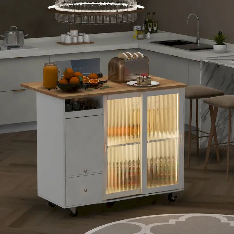 Îlot de cuisine en bois avec LED, 111,85 cm, portes basculantes et portes coulissantes en verre