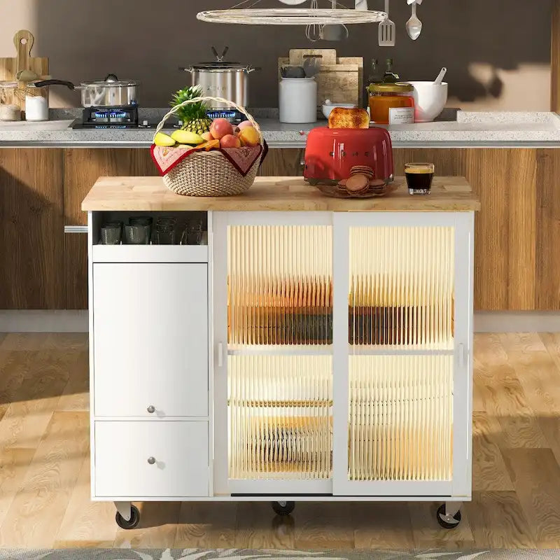 Îlot de cuisine en bois avec LED, 111,85 cm, portes basculantes et portes coulissantes en verre