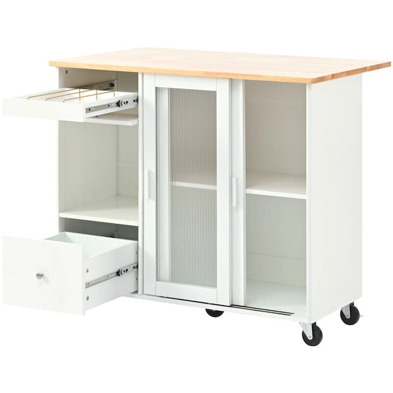 Îlot de cuisine en bois avec LED, 111,85 cm, portes basculantes et portes coulissantes en verre