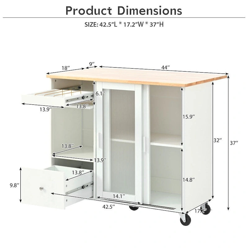 Îlot de cuisine en bois avec LED, 111,85 cm, portes basculantes et portes coulissantes en verre