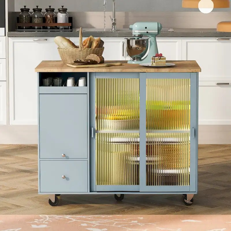 Îlot de cuisine en bois avec LED, 111,85 cm, portes basculantes et portes coulissantes en verre