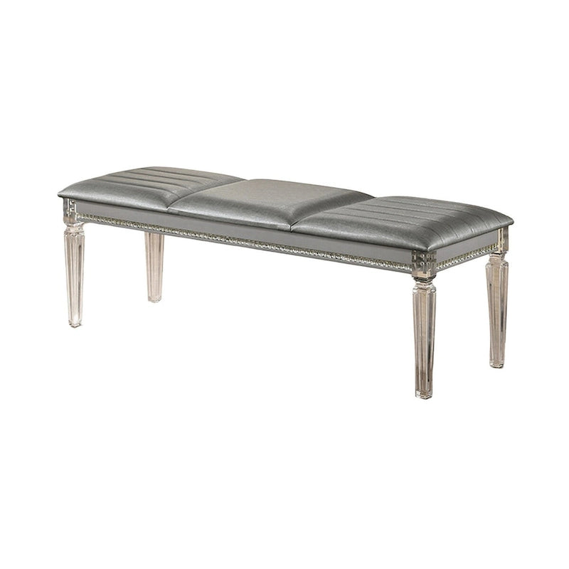 Banc moderne capitonné de 137 cm, pieds en acrylique transparent, accents de cristal