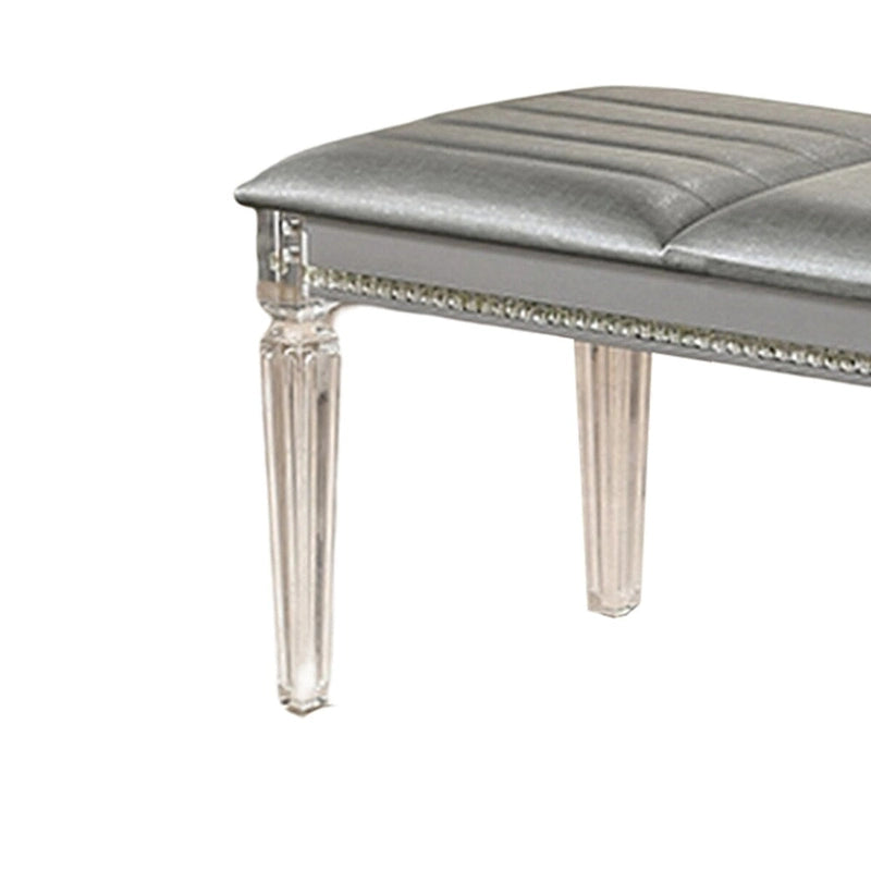Banc moderne capitonné de 137 cm, pieds en acrylique transparent, accents de cristal