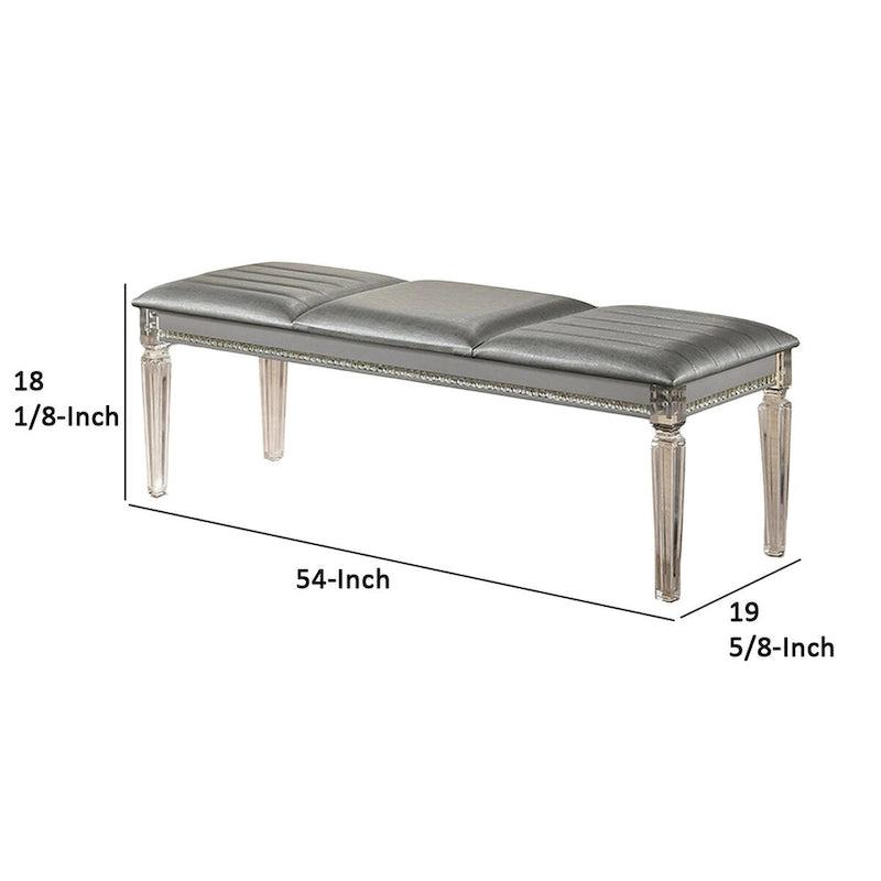 Banc moderne capitonné de 137 cm, pieds en acrylique transparent, accents de cristal