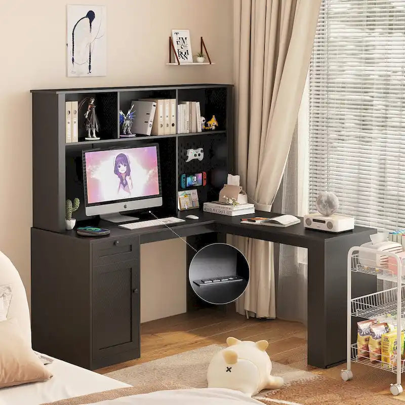 L Shaped Desk with Charger,Computer Desk with Drawers,Bookshelf & Hutchwith LED Light,Modern Corner Desk,Home Office Desk