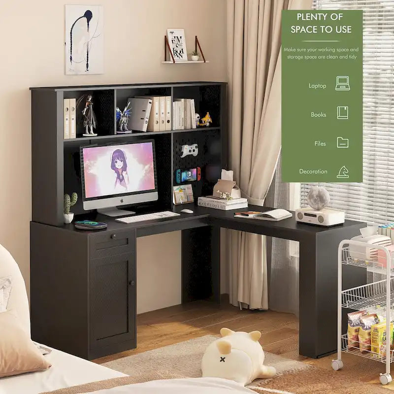 L Shaped Desk with Charger,Computer Desk with Drawers,Bookshelf & Hutchwith LED Light,Modern Corner Desk,Home Office Desk