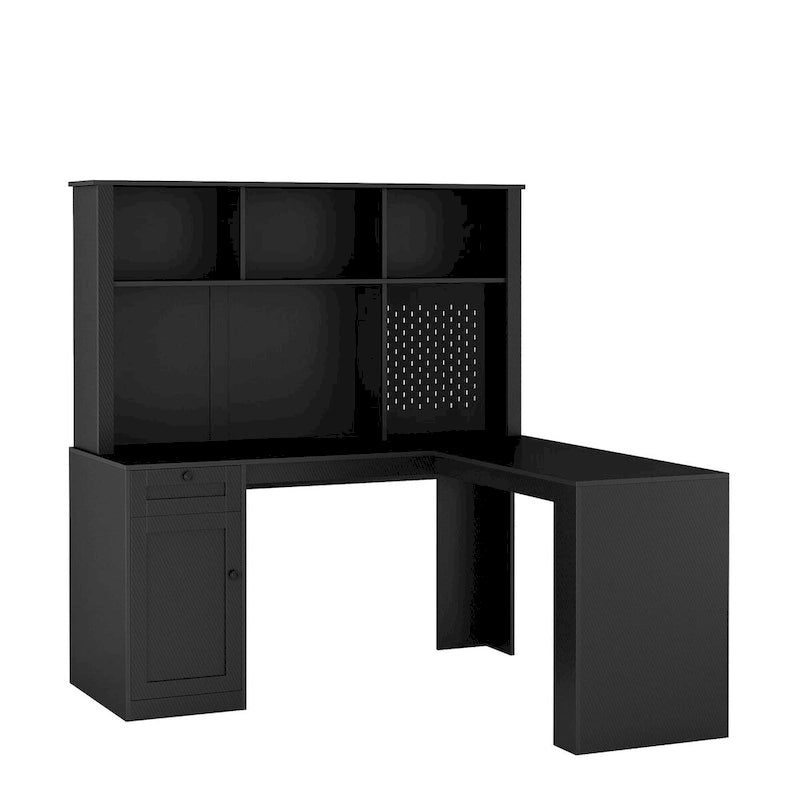 L Shaped Desk with Charger,Computer Desk with Drawers,Bookshelf & Hutchwith LED Light,Modern Corner Desk,Home Office Desk