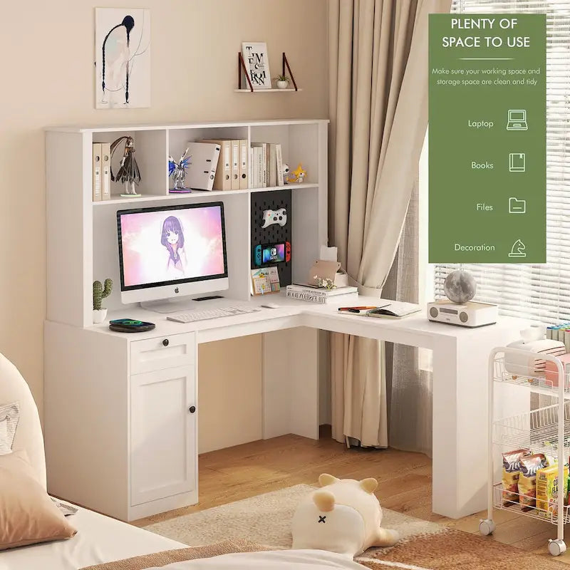 L Shaped Desk with Charger,Computer Desk with Drawers,Bookshelf & Hutchwith LED Light,Modern Corner Desk,Home Office Desk