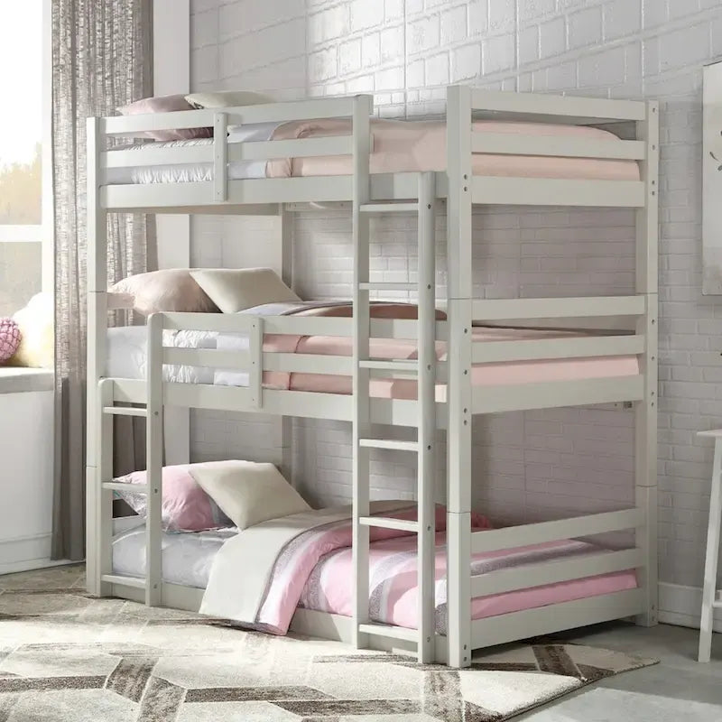 Lit superposé triple en bois de taille double, fini gris clair