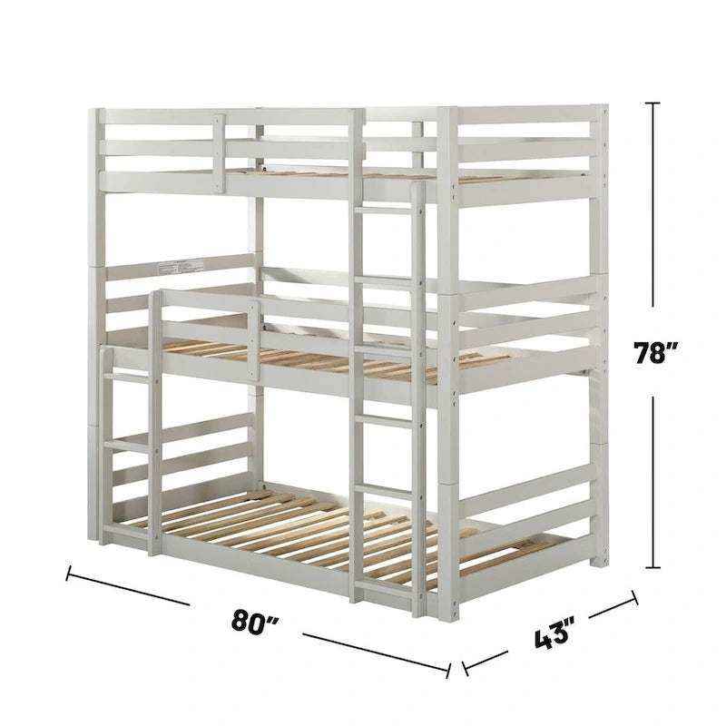 Lit superposé triple en bois de taille double, fini gris clair