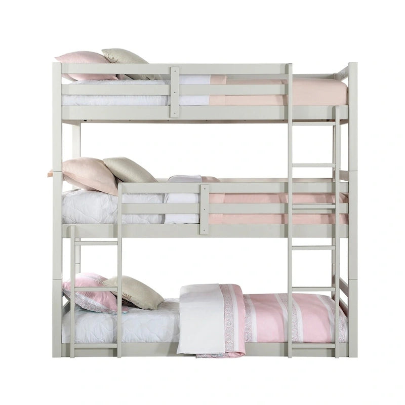 Lit superposé triple en bois de taille double, fini gris clair