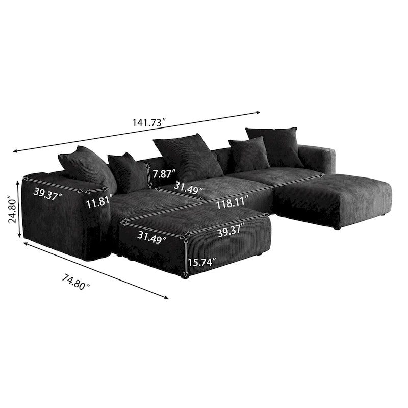 Canapé d’angle modulable 141,73, canapé en velours côtelé en U avec poufs