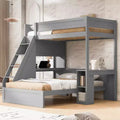 Lit superposé simple XL sur double avec bureau et USB, en bois massif avec étagères latérales et rangement sous le lit