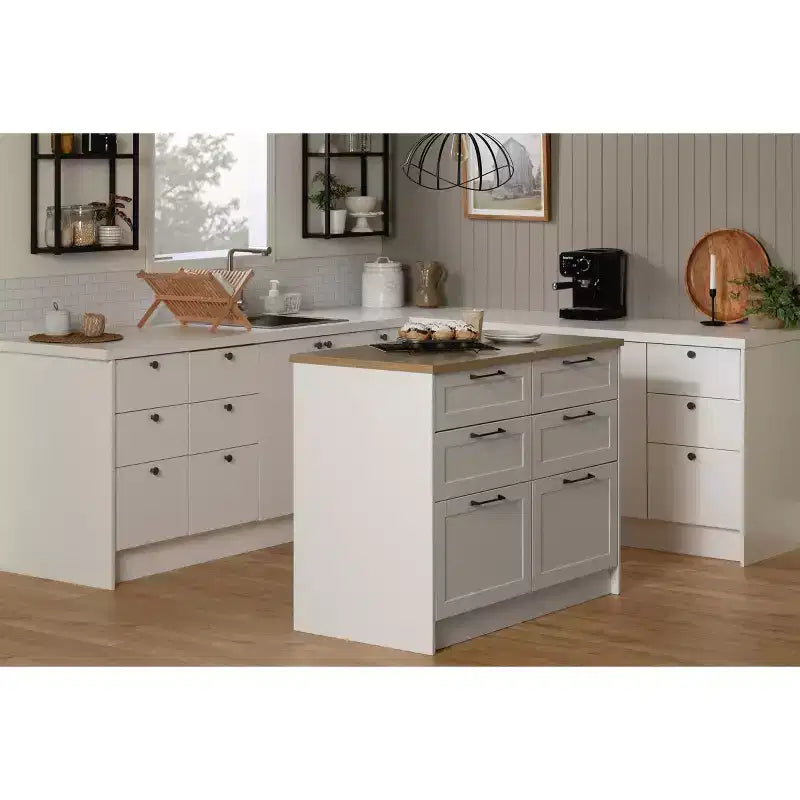 Îlot de cuisine à 6 tiroirs – style champêtre, blanc et érable muscade, 47,25 po de largeur