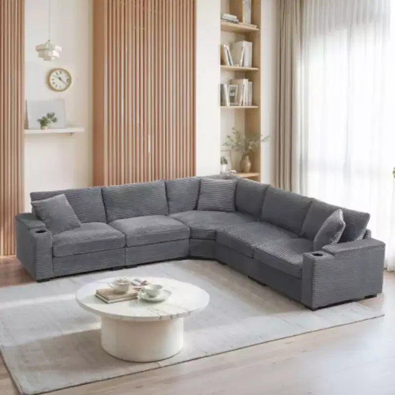 Canapé d'angle convertible 269 cm en velours côtelé avec rangement, porte-gobelets, USB, design modulaire pour salon