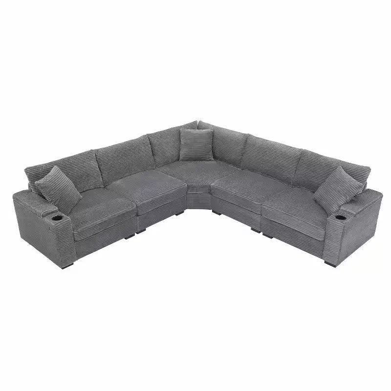 Canapé d'angle modulable en velours côtelé 106 avec accoudoir, rangement, porte-gobelets, chargeur USB et canapé modulaire surdimensionné confortable