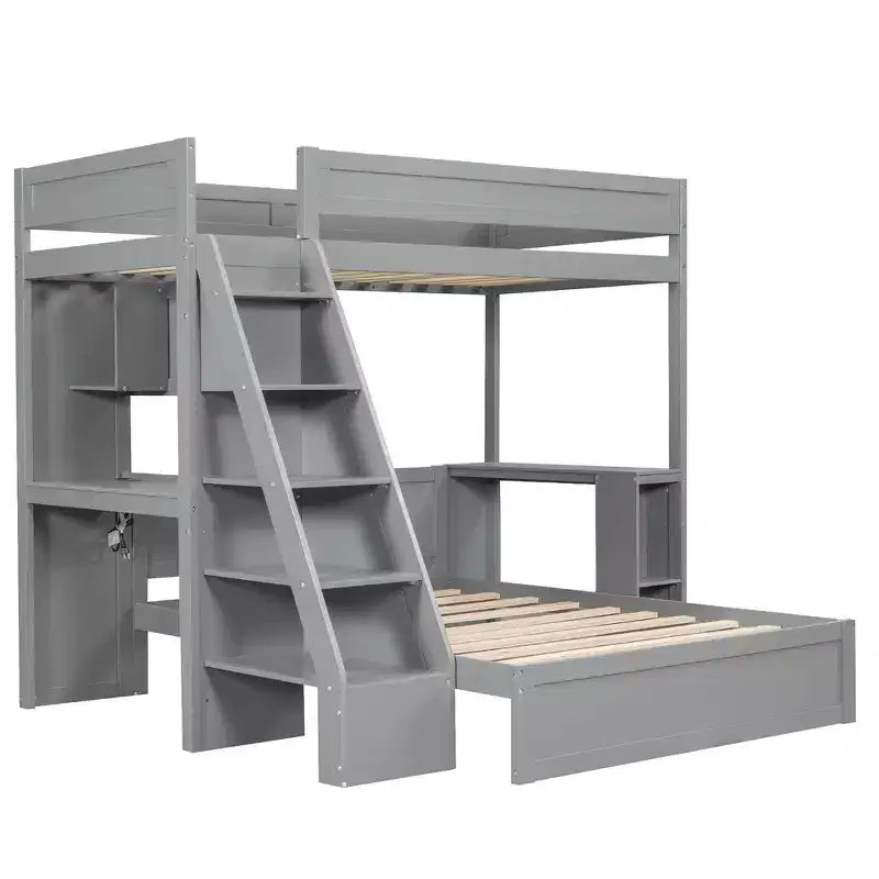 Lit superposé simple XL sur double avec bureau et USB, en bois massif avec étagères latérales et rangement sous le lit