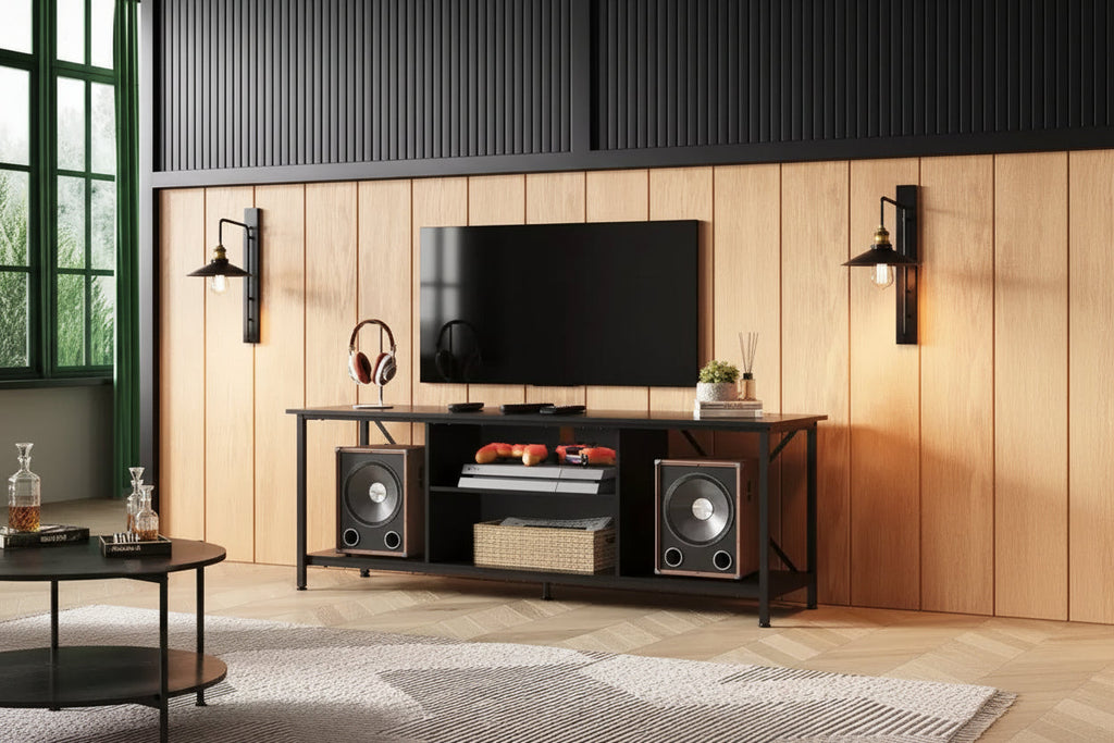 Meuble TV industriel rustique pour téléviseurs de 55 à 65 pouces avec rangement et gestion des câbles