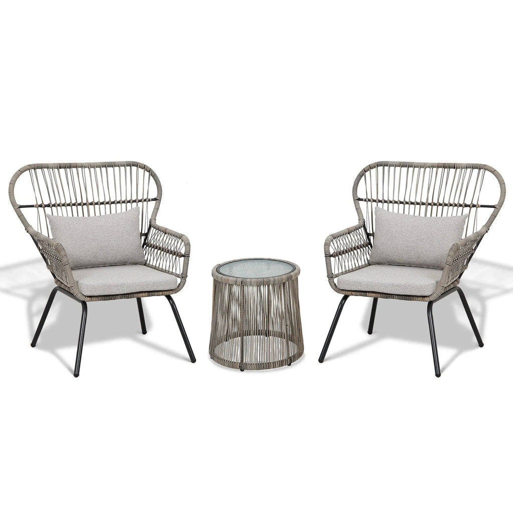 Ensemble bistrot 3 pièces en osier pour conversation, salon de jardin en rotin résistant aux intempéries avec coussins