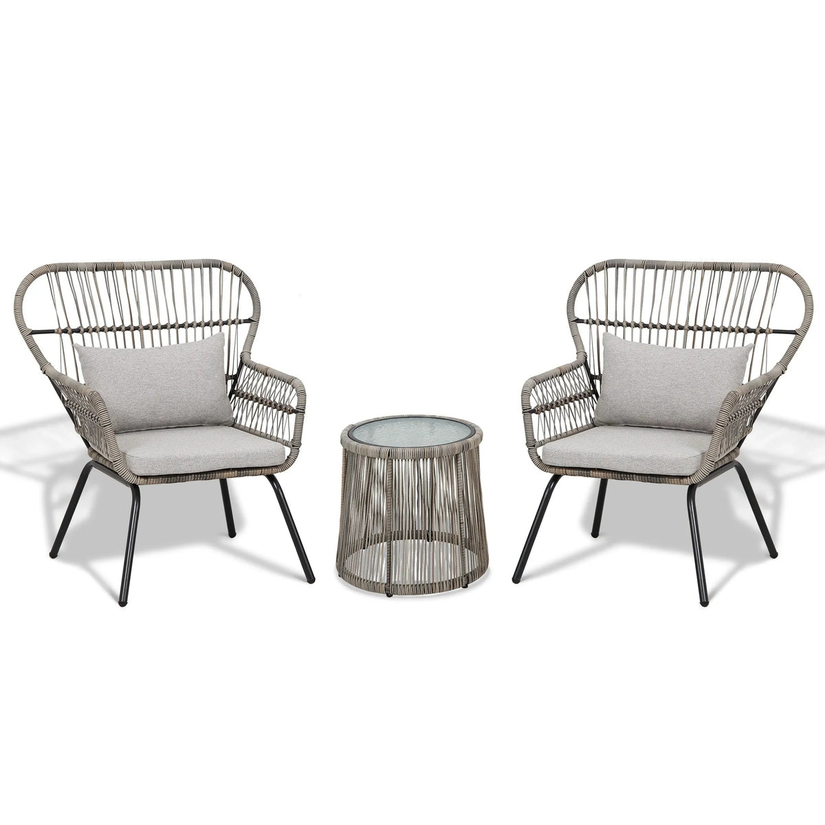 Ensemble bistrot 3 pièces en osier pour conversation, salon de jardin en rotin résistant aux intempéries avec coussins